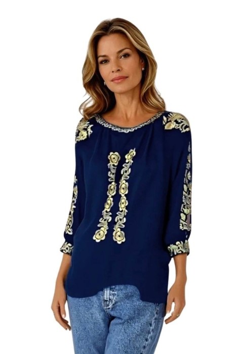 Bluza tip ie traditionala dama DEC, bleumarin/auriu , marimea 3XL