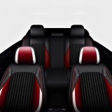 Cumpara ieftin Set Huse Auto universale luxoase din piele ecologica cu material textil, negru cu accent rosu si alb pentru scaune fata si spate