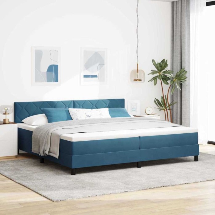 vidaXL Pat cu Arcuri și Saltea Albastru &icirc;nchis 200 x 200 cm țesătură