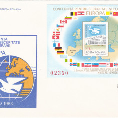1983 ROMANIA FDC rar cu colita nedantelata Europa Conferinta CSCE Madrid