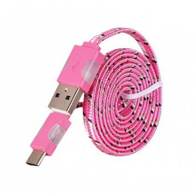Cablu de date Snur Micro USB Type-C cu LED Roz foto