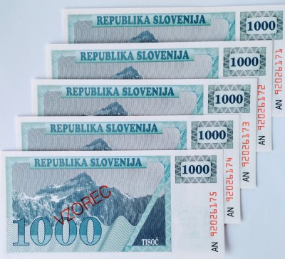 REPUBLICA SLOVENIA 1000TOLARJEV 1990 5buc SPECIMEN consecutive UNC foto