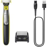 Aparat hibrid de barbierit si tuns barba Philips OneBlade QP2734/23, Pieptene reglabil 5 in 1, Sistem dublu de protectie, autonomie 60 min, Negru/Verd