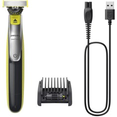 Aparat hibrid de barbierit si tuns barba Philips OneBlade QP2734/23, Pieptene reglabil 5 in 1, Sistem dublu de protectie, autonomie 60 min, Negru/Verd