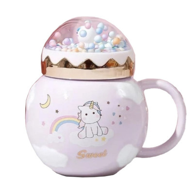 Cana din ceramica cu capac Pufo Unicorn World pentru cafea sau ceai, 400 ml, mov foto