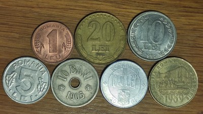 Romania - set 7 monede diferite 1905-2019 - 1 leu 5 10 20 1000 lei + 10 50 bani - impecabile ! foto