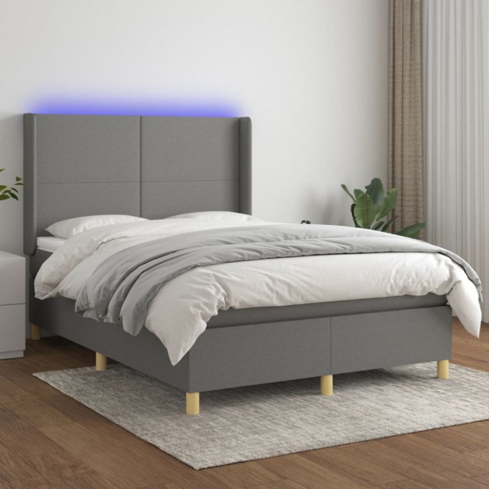 vidaXL Pat cu arcuri, saltea și LED, gri &icirc;nchis, 140x190 cm, textil 3138710