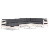 Cumpara ieftin Set mobilier de gradina cu perne, 9 piese, alb, lemn masiv pin