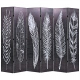 Paravan cameră pliabil, negru&amp;amp;alb, 228 x 170 cm, imprimeu pene, vidaXL