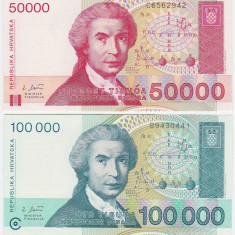 !!! CROATIA - LOT 50.000 + 100.000 DINARI 1993 - P 26 & 27 - UNC