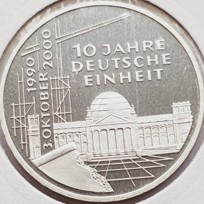 526 Germania 10 mark 2000 German Reunification - A - km 201 UNC argint foto
