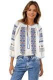Bluza dama RA25 alb/albastru marin , marimea 3XL, Casual, Bumbac