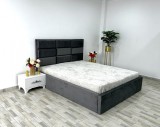 Pat matrimonial Roma 160 cm x 200 cm Gri tapitat stofa + Saltea + Noptiere Viena Albe