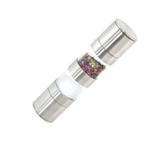 Rasnita manuala dubla pentru 2 condimente, diametru macinare reglabila, plastic si aluminiu, 22 x 5 cm, argintiu