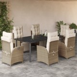 vidaXL Set de masă pentru grădină, 7 piese, cu perne, bej, poliratan