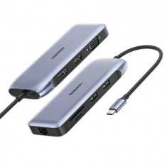 Ugreen HUB multifuncțional 9 în 1 USB tip C - HDMI, DP, VGA, 2 x USB, RJ45 Ethernet, cititor de carduri SD/TF, USB tip C PD, 100 W, gri (CM274)