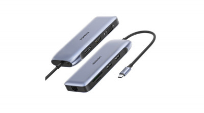 Ugreen HUB multifuncțional 9 &amp;icirc;n 1 USB tip C - HDMI, DP, VGA, 2 x USB, RJ45 Ethernet, cititor de carduri SD/TF, USB tip C PD, 100 W, gri (CM274) foto