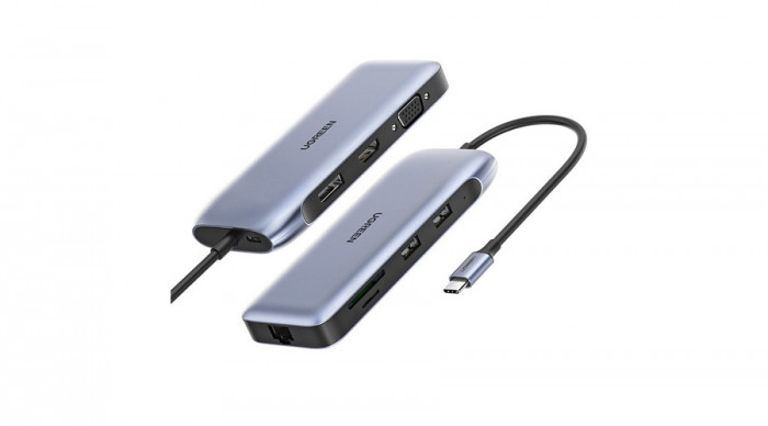 Ugreen HUB multifuncțional 9 &icirc;n 1 USB tip C - HDMI, DP, VGA, 2 x USB, RJ45 Ethernet, cititor de carduri SD/TF, USB tip C PD, 100 W, gri (CM274)