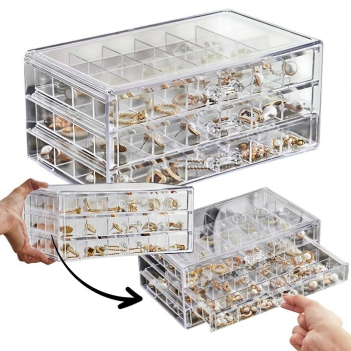Cutie de bijuterii, organizator transparent cu 3 sertare, 72 de compartimente, PD159B