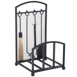 HOMCOM Suport pentru Lemne de Interior si Exterior din Metal cu Manere si 4 Unelte pentru Semineu Incluse, 39x39x68cm, Negru