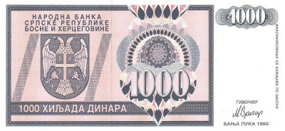 Bosnia si Hertegovina 1000 Dinari 1992 (Republica Srpska) - P-137 UNC !!! foto