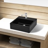 Chiuvetă de baie pătrată din ceramică cu gaură pentru robinet, negru, vidaXL
