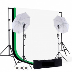 Kit studio foto,lumini,2 umbrele,suport fundal reglabil 2x2m,2 becuri 45W + 3 panze fundal multicolore