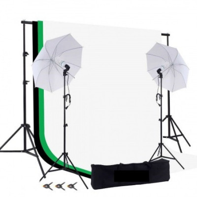 Kit studio foto,lumini,2 umbrele,suport fundal reglabil 2x2m,2 becuri 45W + 3 panze fundal multicolore foto