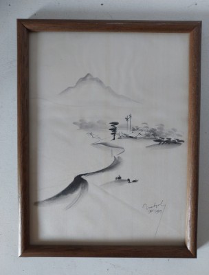 Tablou - Peisaj asiatic de Ngo Manh Quynh &amp;ndash; pictura originala pe matase, 1972 foto