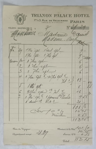 7.CHITANTA ELIBERATA FAMILIILOR DOCTORULUI CONSTANTIN DANIEL SI ANTON CARP , DE HOTELUL &#039; TRIANON PALACE &#039; DIN PARIS , 1932