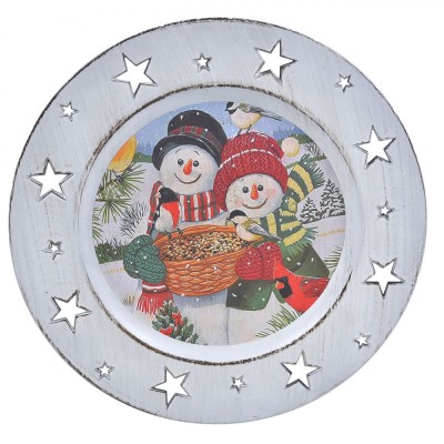 Platou Decorativ Crăciun, Plastic, Rotund, Om de Zăpadă, Perforat Stele, 33cm foto
