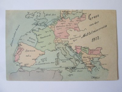 Rara! Carte pos.harta Europa 1912,la Romania scrie:Salutari mediteraneene! foto