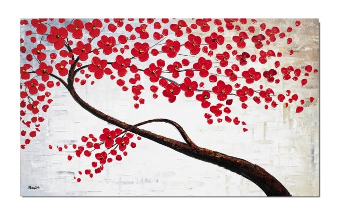 Tablou pictat manual, Copacul vietii cu flori rosii, 100x60cm ulei pe panza in relief efect 3D, Superb