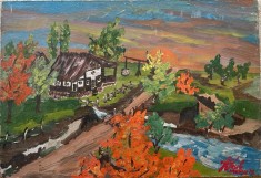 1978 Tablou / lucrare / pictură, Vasile Moscu (?), ulei pe carton, pictor roman, arta romaneasca, luminos si vibrant / 52 x 36 cm / artist Romania