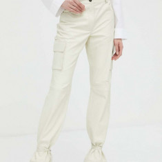 Herskind pantaloni de piele Trisa femei, culoarea bej, drept, high waist