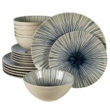 Set farfurii 18 piese MoonLight, Alb Ivoire Lucios, linii albastre, 6 persoane