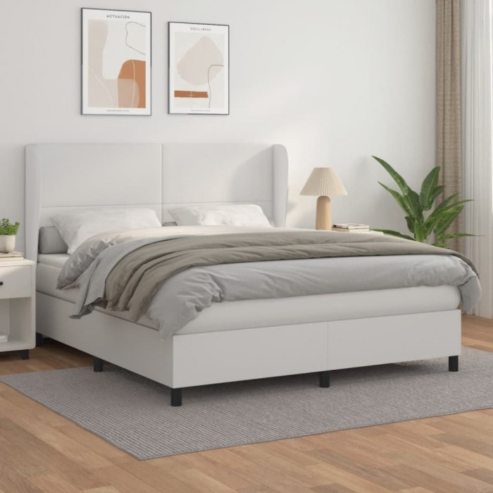 vidaXL Pat box spring cu saltea, alb, 160x200 cm, piele ecologică 3128920