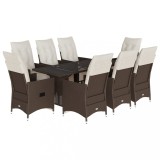 Cumpara ieftin Set bistro de gradina cu perne, 9 piese, maro, poliratan