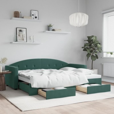 vidaXL Pat de zi cu extensie și sertare verde &amp;icirc;nchis 80x200 cm catifea 3197344 foto