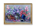 Cumpara ieftin Tablou cu liliac, maci si lalele pictat manual inramat, Parfum de sarbatoare, 75x55cm ulei pe panza, rama din lemn