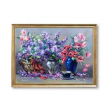 Tablou cu liliac, maci si lalele pictat manual inramat, Parfum de sarbatoare, 75x55cm ulei pe panza, rama din lemn