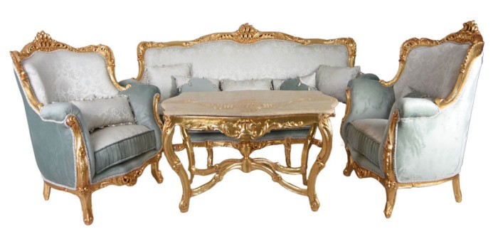 Set Rococo living din lemn masiv auriu cu tapiterie matase vernil ...