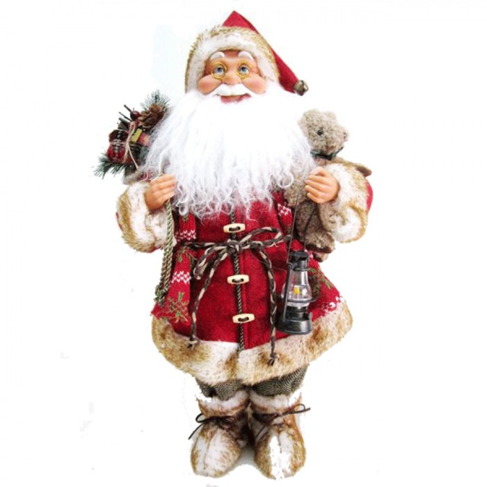 Mos Craciun decorativ, OffLimits, model cu lanterna si cadouri, 45cm, rosu / maro