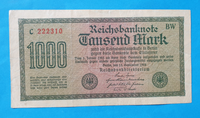 GERMANIA 1000 Mark 1922 - Bancnota veche originala - Superba