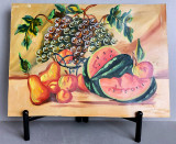 Fructe romanesti - tablou original acrilic pe carton 48x35cm, anii 70, Natura statica, Realism