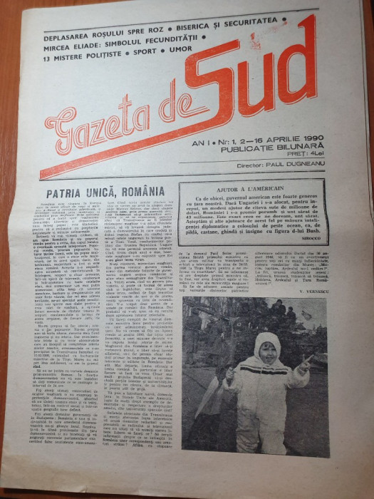 ziarul gazeta de sud anul 1,nr. 1 al ziarului - prima aparitie 2-16 aprilie 1990