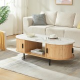 Masa de cafea Tvedestrand 120x55x40 cm, bambus si efect marmura alba