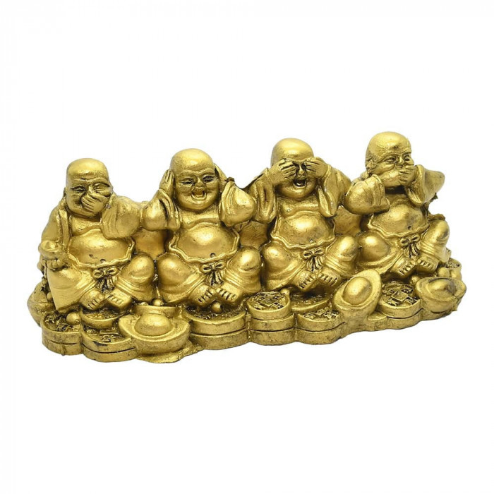 Statueta cu cei 4 Buddha razand sezand pe monede si pepite