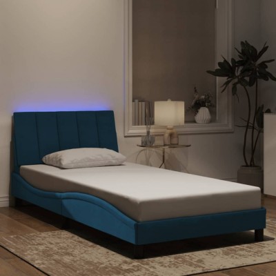 Cadru de pat cu lumini LED, albastru, 100x200 cm, catifea foto