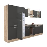 Mobilă de bucătărie Yorki 340 cu corp din stejar sonoma, față antracit satinat, dulap cu rafturi și frigider cu congelator superior
